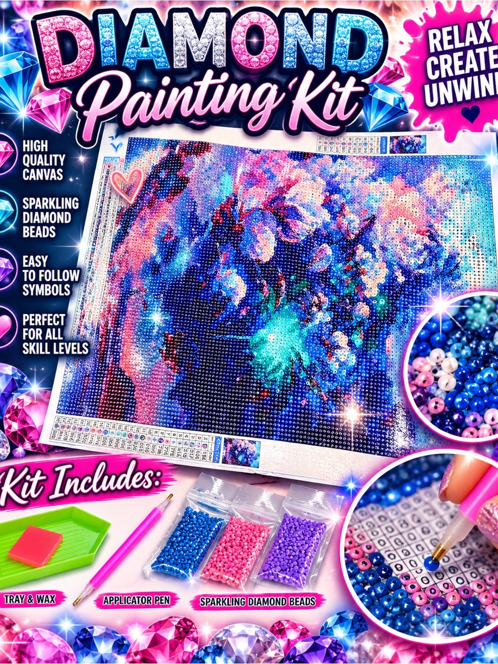 Diamond Painting Kit – Sparkling Blue & Pink Canvas